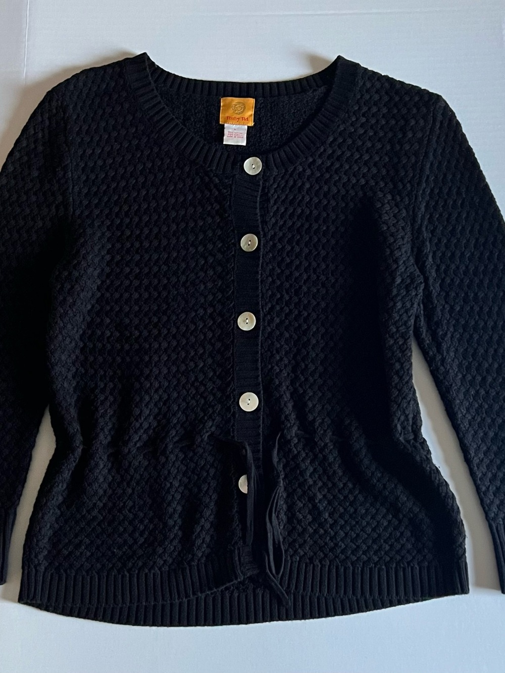 Ruby Rd. Black Textured Button-Front Crewneck Sweater